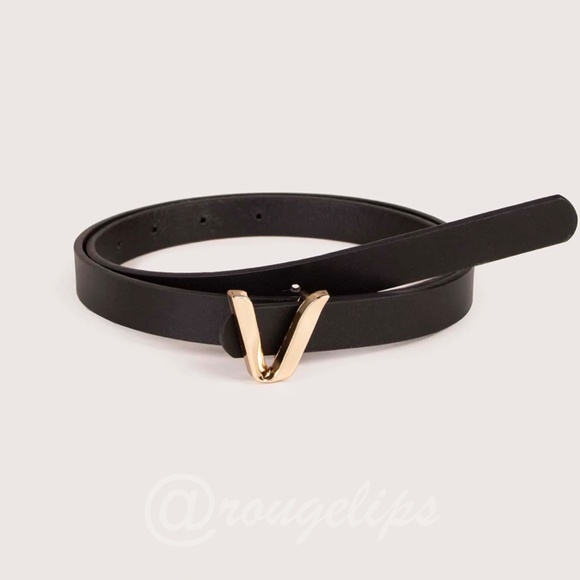 Rouge! Accessories - Black Skinny Belt Gold Tone V buckle